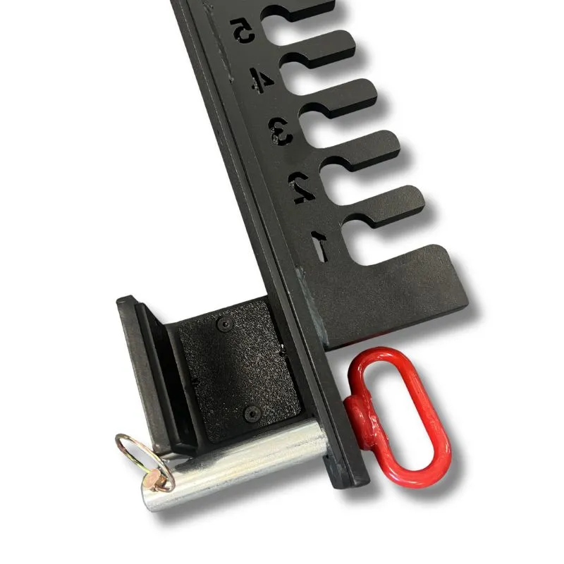 IMTP Extension upright close-up — notched height positions with mounting bracket, pin and red quick-release